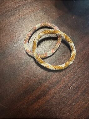 Handcrafted Seed Bead Bangle Trio - White, Gold & Pink